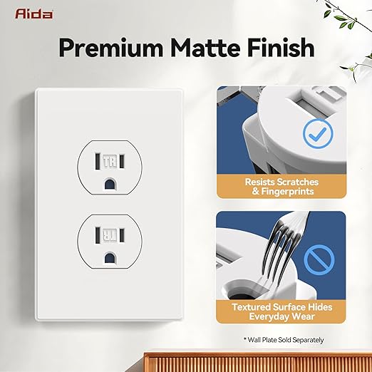 AIDA 10 Pack Matte White 15 Amp Outlet Duplex Electrical Receptacle Outlets,Power Outlet,Tamper Resistant,Heavy-Duty Receptacle, 2 Pole,3-Wire, Self-Grounding Clip, NEMA 5-15R,UL Listed
