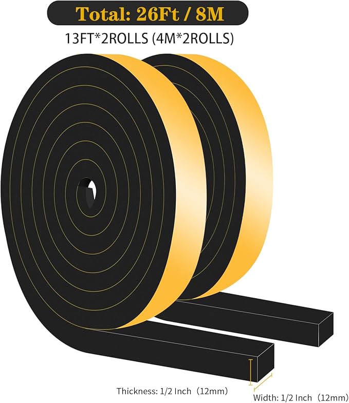 Weather Stripping Door Seal,Weather Stripping,Soundproof,Cold Insulation,High Density CR Foam Insulation Tape for Door, Front Door Frame, Windows,Sliding Door (Black, 1/2 in x 1/2 in x 26Ft)