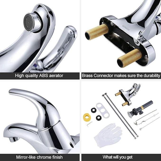 WOWOW Bathroom Faucet 1 Handle Low Arc Single Handle 4 inch Centerset Bathroom Sink Faucet with Lift Rod Drain Assembly Basin Mixer Tap Chrome Vanity Taps