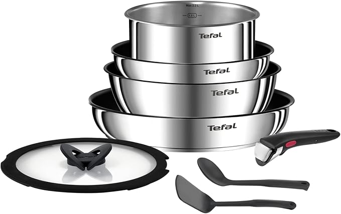 Tefal Ingenio L8979804 8-Piece Cookware Set, Suitable for All Heat Sources Including Induction, Non-Stick Coating, Stainless Steel, Stackable