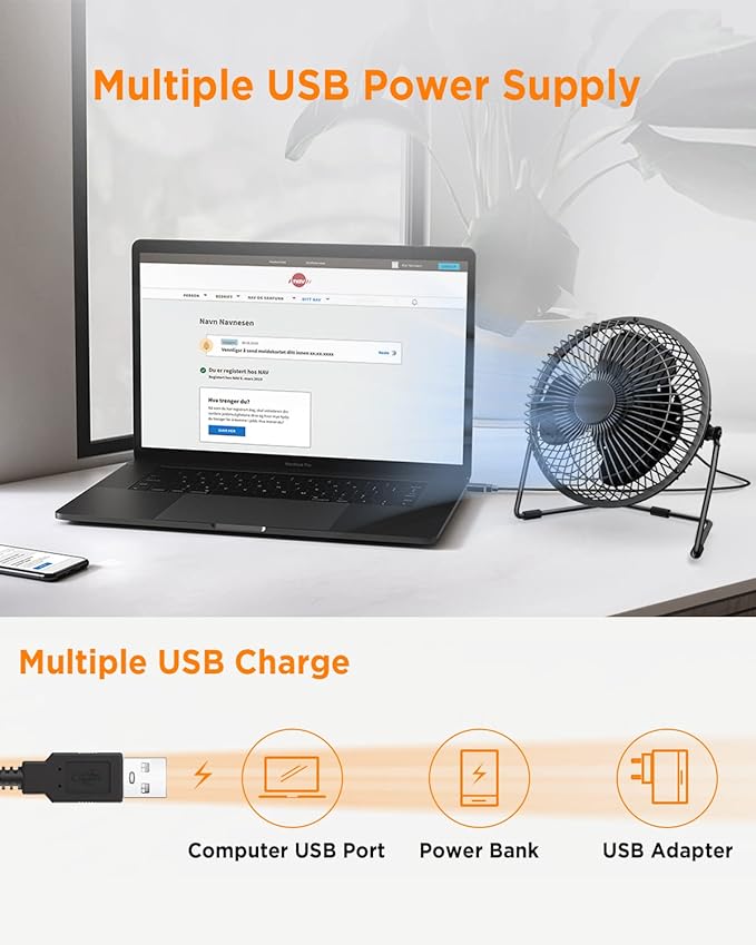 EasyAcc 5 Inch USB Desk Fan, Small USB Desk Fan, [Small Quiet Strong Airflow and 360° Rotating Personal Table Cooling Fan] USB Powered Portable Fan, 2 Speed（3.3~4.1 M/S Black (USB POWERED ONLY)