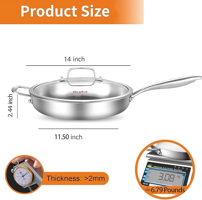 DELARLO Stainless Steel Pan 14-Inch Large Frying Pan with Lid | Heavy Duty Compatible with Induction up to 650℉ Fast & Even Heating Dishwasher Oven Safe Skillet
