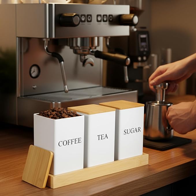 Coffee Tea Sugar Container with Tray, Set of 3 Square Airtight Metal Storage Canister with Bamboo Lids White Metal Teas and Coffee Canisters Set for Kitchen, Dining, Cupboard, Snack