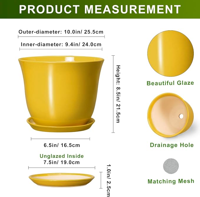 Ceramic Planter - 10 Inch Plant Pot for Indoor Outdoor, Round Flower Pots with Drainage Hole and Saucer, Large Plant Pot, Modern Planters, Home Room Decor, Gifts for Plants Lovers, Yellow