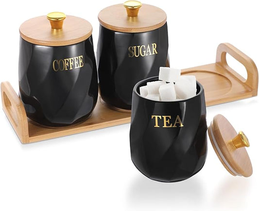 JUXYES Set of 3 Ceramic Canisters Set for Sugar Coffee Tea With Handle Tray, Luxurious Storage Containers Sets with Lids Decorative Storage Pots Black Ceramic Storage Jar for Kitchen Dining Room