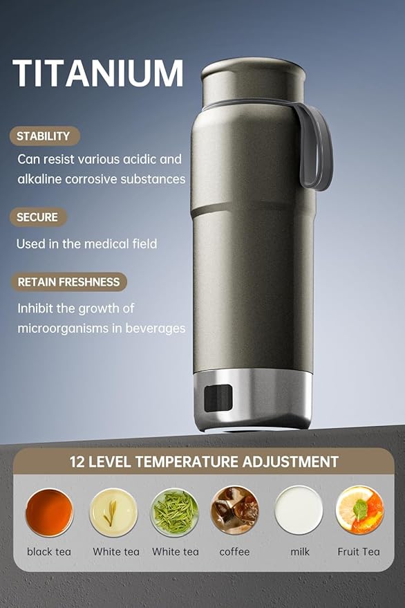 Pure Titanium Electric Travel Kettle, 0.52L Portable Water Boiler with 12 Temperature Controls, 100-240V Dual Voltage for Travel Office Hotel