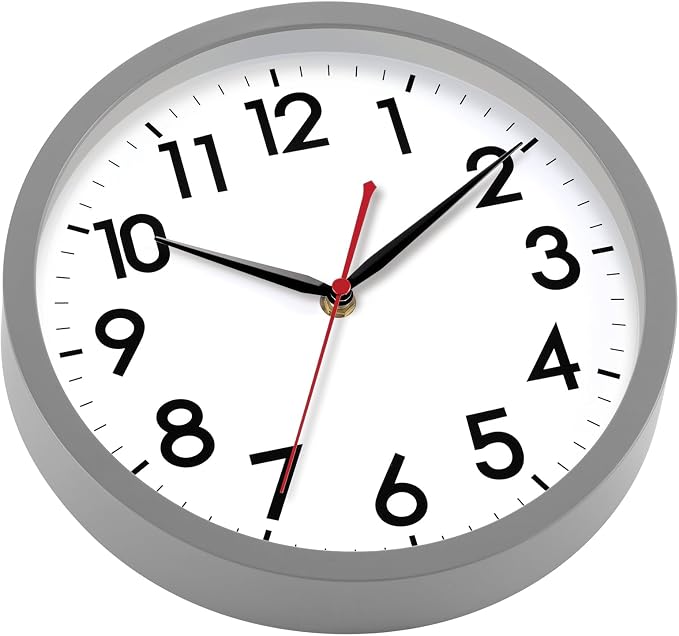 AKCISOT 10 Inch Wall Clock, Battery Operated Analog Clock, Silent Non-Ticking, Ideal for Bedroom, Bathroom, Kitchen, Office and School, Gray