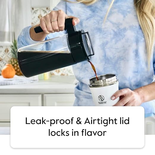 Takeya Deluxe Cold Brew Coffee Maker - BPA-Free Tritan Pitcher with Airtight Leakproof Lid, Silicone Grip Handle, Fine-Mesh Filter - Shatter-Proof, Dishwasher Safe, Made in USA - 1 Quart/Stone