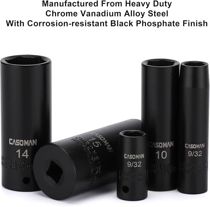 CASOMAN 1/4 Inch Drive Master Impact Socket Set, 50-Piece, 6-Point, SAE/Metric, 5/32 Inch - 9/16 Inch, 4mm - 15mm, Standard/Deep,CR-V