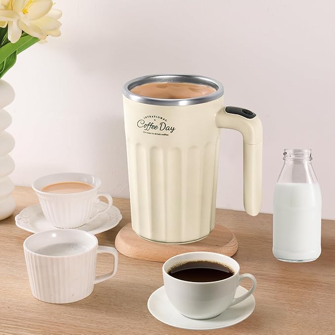 Drink Stirrer,Self Stirring Mug,Self Stirring Coffee Mug,Suitable for Coffee, Milk, Cocoa and Other Beverages Stainless Steel Vacuum Insulated Tumbler with Lid (Cream White, 12 Ounces)