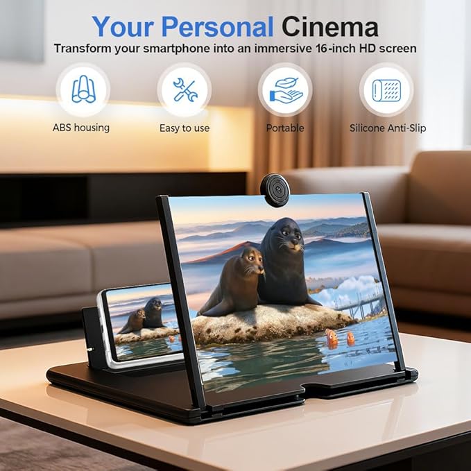 16" Mobile Phone Screen Magnifier, 3D HD Screen Amplifier Projector for Movies, Anti-Blue Light Eye-Protecting Screen with Mobile Phone Holder