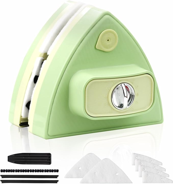 Double-Sided Magnetic Window Cleaner - Adjustable Magnetic Double Window Wiper, Fits 3-30 mm Glass Thickness, 2.5m Safety Rope for High-Rise & Auto Glass, Safe Anti-Pinch Wiper(Green)