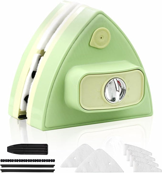 Double-Sided Magnetic Window Cleaner - Adjustable Magnetic Double Window Wiper, Fits 3-30 mm Glass Thickness, 2.5m Safety Rope for High-Rise & Auto Glass, Safe Anti-Pinch Wiper(Green)