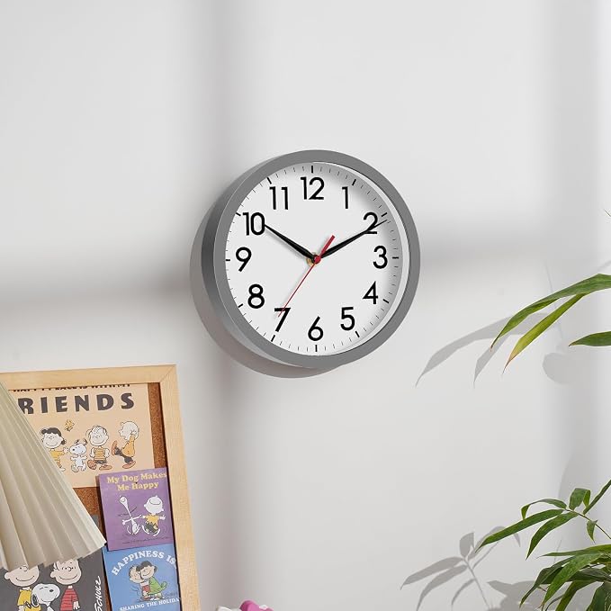 AKCISOT 8 Inch Wall Clock, Battery Operated Analog Clock, Silent Non-Ticking, Ideal for Bedroom, Bathroom, Kitchen, Office and School, Gray