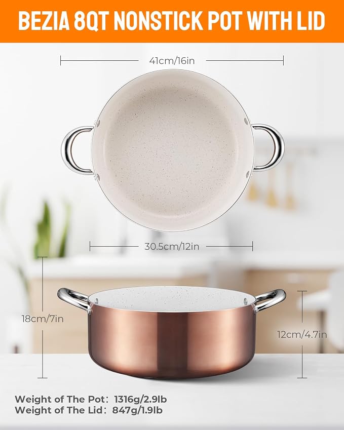 BEZIA 8 Quart Nonstick Stock Pot with Lid, Induction Cooking Pot PFOA-Free | Effortless Food Release & Easy Cleanup, Oven-/Dishwasher-Safe, Works on All Stoves, for Weekend Meal Prep, Whole Chicken Soup