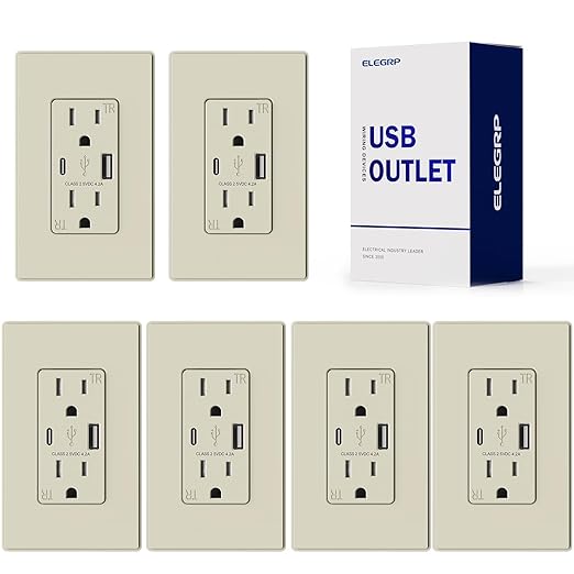 ELEGRP USB Charger Wall Outlet - USB A & C Ports, 15A Tamper Resistant, NEMA 5-15R, Wall Plate Included, UL Listed, 6 Pack, Matte Light Almond