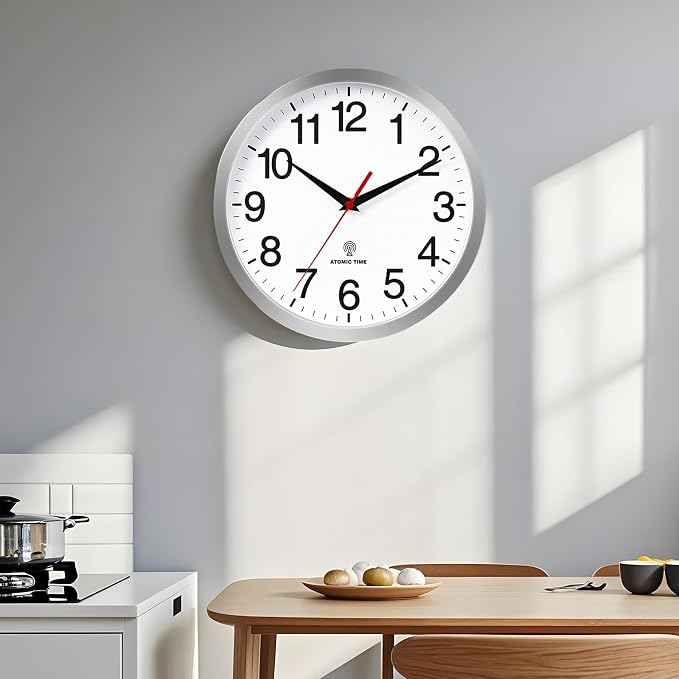 Rohioue Atomic Wall Clock Modern 10 Inch Battery Operated Analog Clock Decorative for Bedroom Kitchen Bathroom Office Home Living Room (Silver)