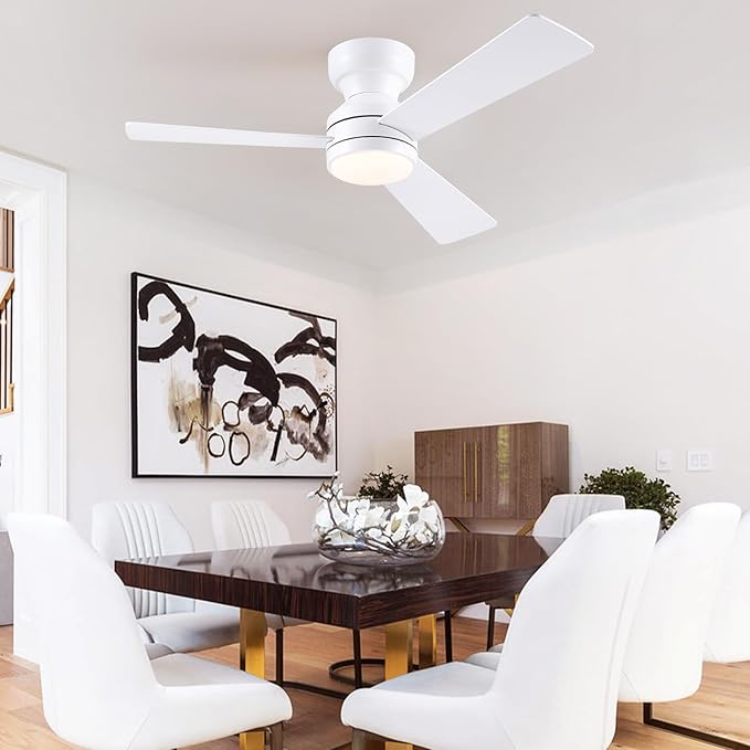 Asyko 46" White Low Profile Ceiling Fan with Light and Remote,Modern Flush Mount Ceiling Fans for Bedroom, Living Room, 6 Speeds, Dimmable, Timer, Quiet Reversible