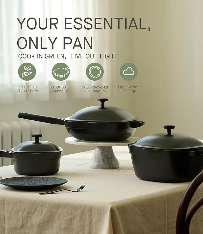 USELUCK 10.5 Inch(3.8QT) Ceramic Pan with Lid,Non Stick Frying Pans Cast Aluminum Deep Sauté Pans,Ti-Ceramic Non Toxic Pix Pan with Wooden Spatula and Scrubber-Midnight Hearth