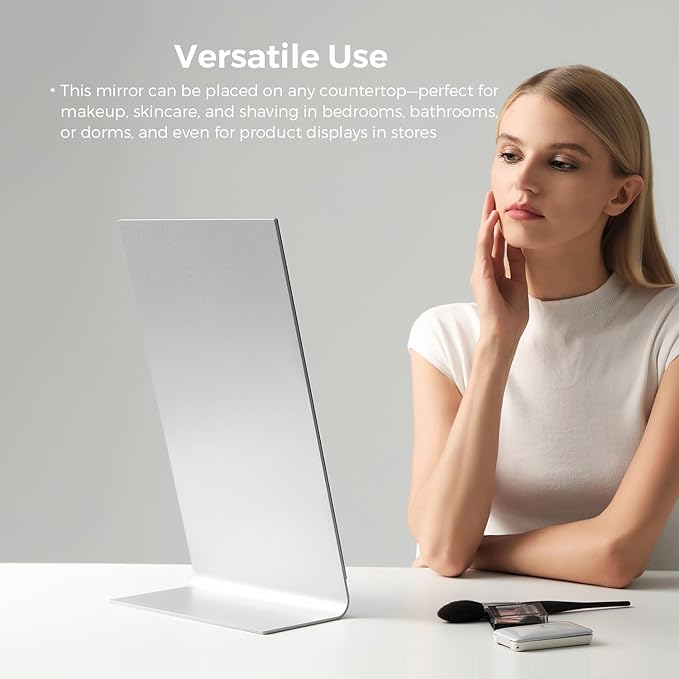 NEZZOE Frameless Makeup Mirror for Desk, 15 x 8.5 Inch Aluminum Standing Table Mirror, Large Counter Top Mirror
