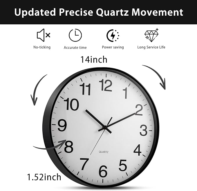 Inbagi 8 Pcs Wall Clock Large Silent Battery Operated Wall Clocks Modern Non Ticking Clocks Bulk Decorative for Kitchen Office Living Room Home Bathroom Bedroom Classroom (Black,14 Inch)