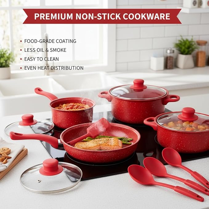 Nonstick Cookware Set, 13-piece Nonstick Cookware Set, Non Stick Pots and Pans with Frying Pan, Saucepans, Milk Pot & Utensils for Home Cooking, Red