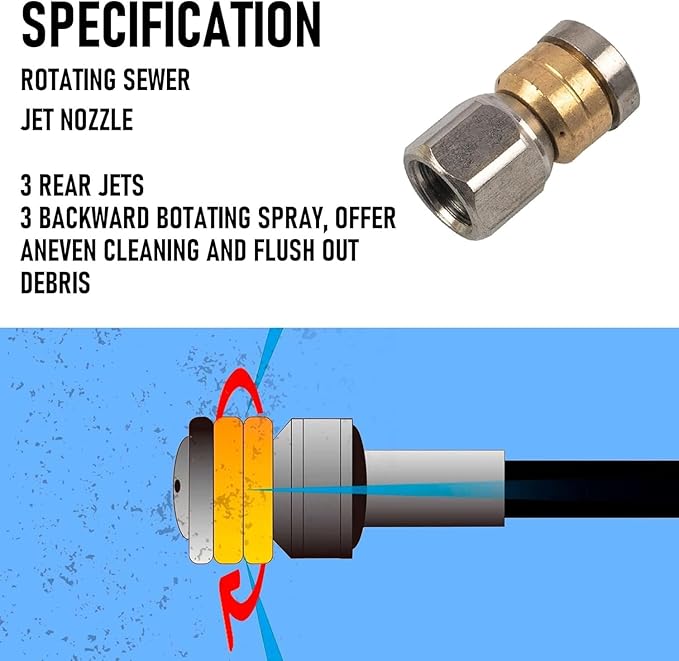 Xiny Tool Sewer Jetter Kit for Pressure Washer 50FT, 4000 PSI Drain Cleaner Hose 1/4 Inch NPT, Corner Rotating and Button Hose Sewer Jetting Nozzle Pearl Corsage Pin Tape Handle Strap Spanner, Blue