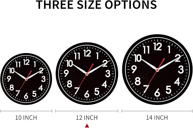 AKCISOT 12 Inch Wall Clock, Battery Operated Analog Clock, Silent Non-Ticking, Ideal for Bedroom, Bathroom, Kitchen, Office and School, Black
