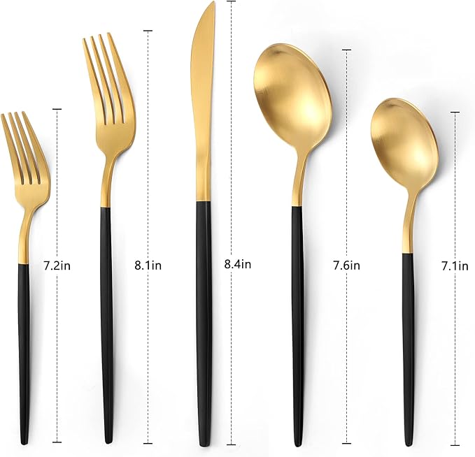 VANVRO Matte Black Gold Silverware Set, 40-Piece Stainless Steel Flatware Set, Satin Finish tableware Cutlery Set, Service for 8, Home and Restaurant, Dishwasher Safe…