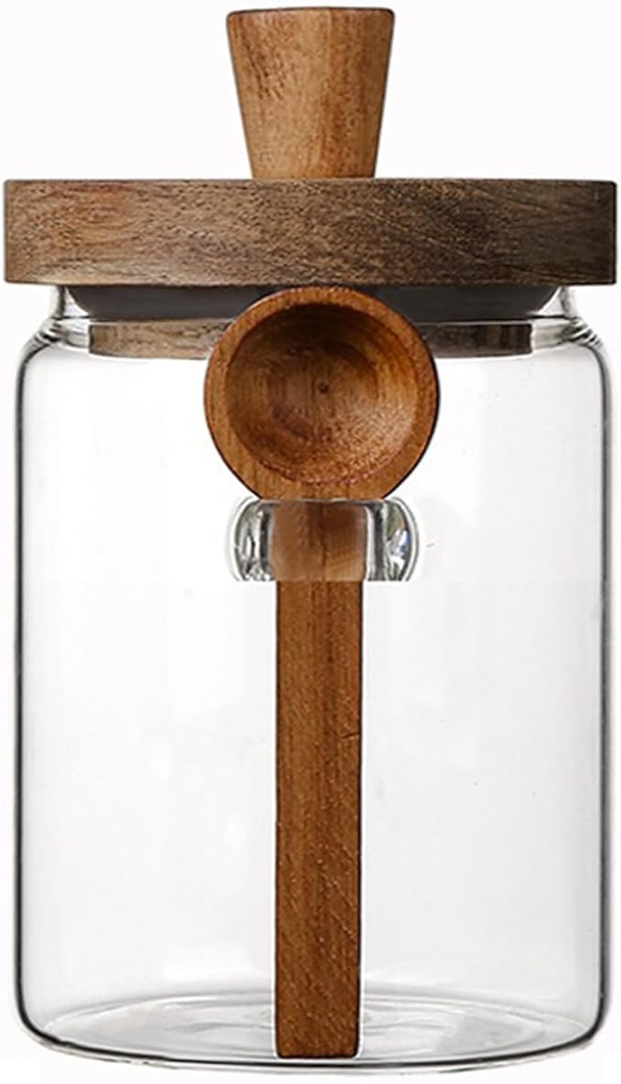 Coriario 20 OZ Glass Jar with Airtight Lid Spoon Clear Glass Candy Jars Wooden Handle Lids Wide Mouth Glass Coffee Storage Canister for Food Kitchen Sugar Cookie Tea Decorative