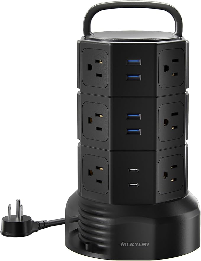Power Strip Tower Surge Protector, JACKYLED 1625W 13A Outlet Surge Electric Tower, 12 Outlets 6 USB Ports Charging Station with 16AWG 6.5ft Heavy Duty Extension Cord for Home Office Dorm Black