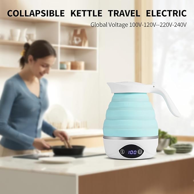 AUCOO Collapsible Travel Kettle Electric Portable Foldable Kettle for Boiling Water, Suitable for 110V & 220V Dual Voltage, for Tea & Coffee, 850W Small Mini BPA-free Silicone Blue electric kettle
