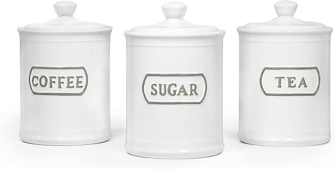 Relief Rectangle Ceramic Canisters Sets For The Kitchen Canisters For Countertop Set of 3 Airtight Coffee Canisters For Ground Coffee Sugar Container Tea Storage Jars With Lids Farmhouse Decor