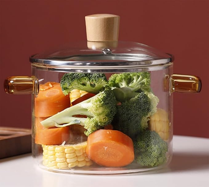 Glass Cooking Pot with Cover, Heat Resistant Glass Saucepan Cooking Pot and Pan with Lid, Glass Cookware Set Cooktop Safe for Pasta Noodle, Soup, Milk, Baby Food (Yellow wooden bead lid- 1700ml)