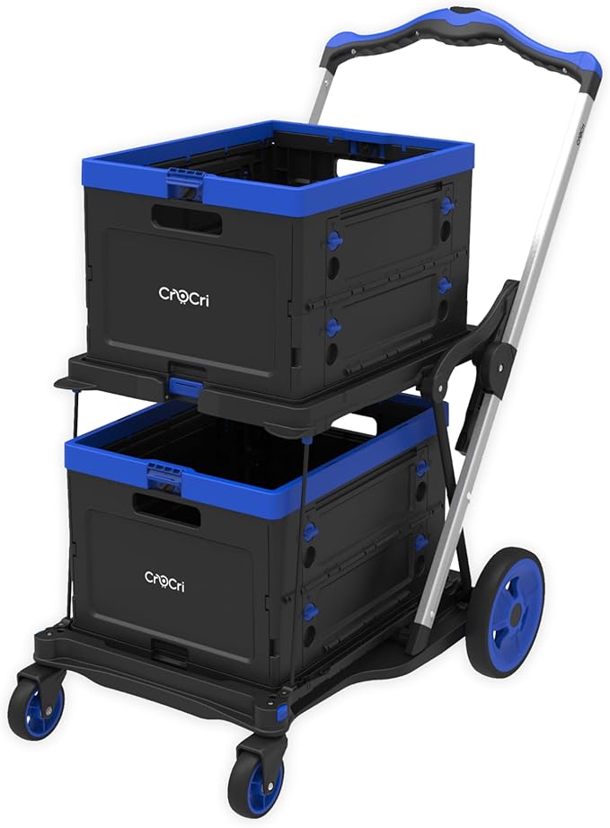 Collapsible Shopping Cart with Wheels, 2-Tier Foldable Grocery Cart with 2 Stackable Storage Crates, Foot Brake, Lower Platform, Aluminum Frame