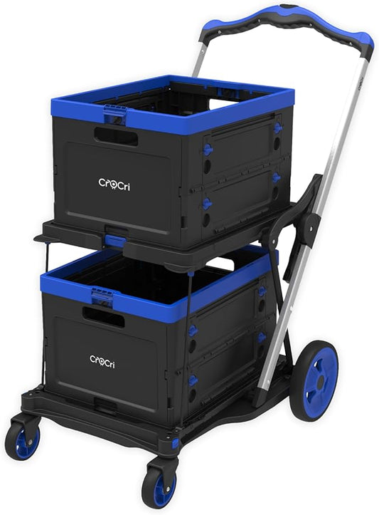 Collapsible Shopping Cart with Wheels, 2-Tier Foldable Grocery Cart with 2 Stackable Storage Crates, Foot Brake, Lower Platform, Aluminum Frame