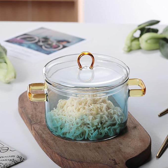 Glass Cooking Pot - 1.5L/50OZ Heat-Resistant Borosilicate Glass Handmade Cookware Set stovetop Pot - Safe for Pasta Noodle, Soup, Milk, Tea Blue