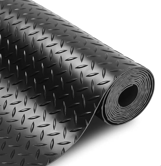3mm Diamond-Plate Rubber Flooring Roll - Easy to Cut Waterproof Anti-Slip Mat, Heavy Duty Floor Protection for Garage, Gym, Stable, Basement, Kennel, 4' x 8'