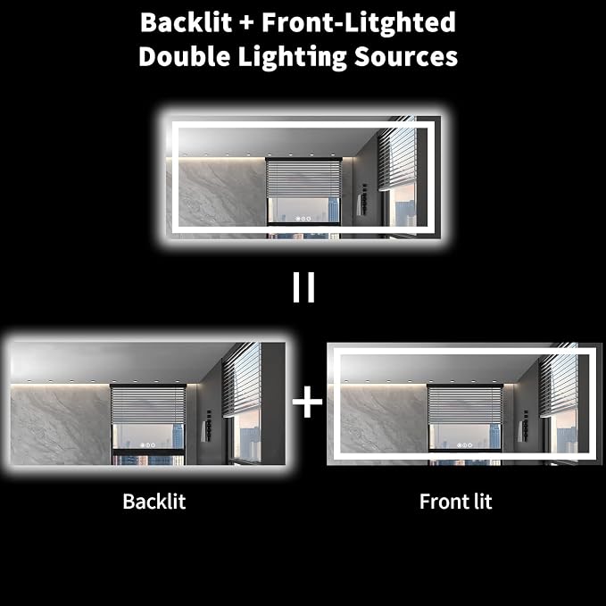 LOAAO 72"X32" LED Bathroom Mirror with Lights, Anti-Fog, Dimmable, Backlit + Front Lit, Lighted Bathroom Vanity Mirror for Wall, Shatter-Proof, Memory Function, Tempered Glass, ETL Listed