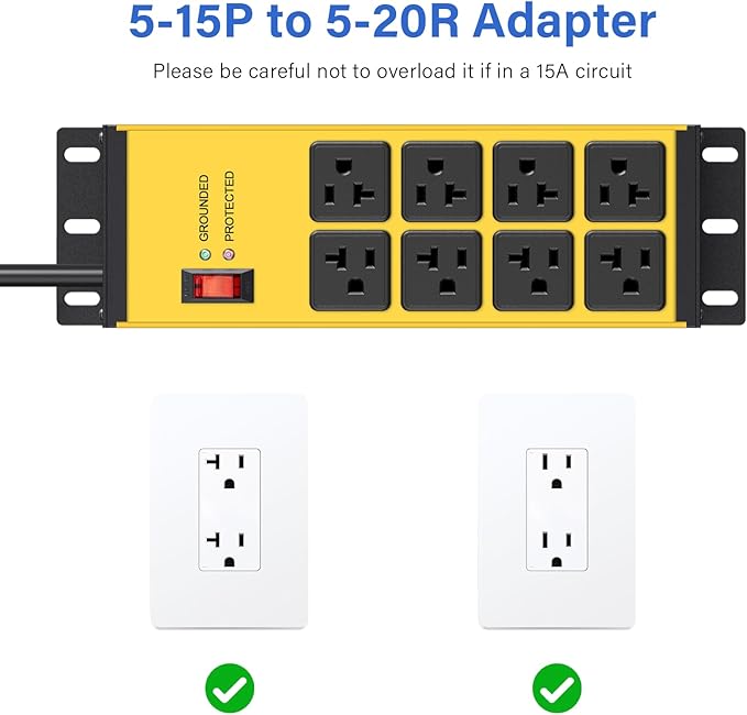 CCCEI Heavy Duty Power Strip Surge Protector 20 AMP Switch, 12 Gauge Extension Cord with Multiple Outlets, Industrial, Shop, Garage High Amp Wall Mount Electric Extender. 10FT, Yellow.