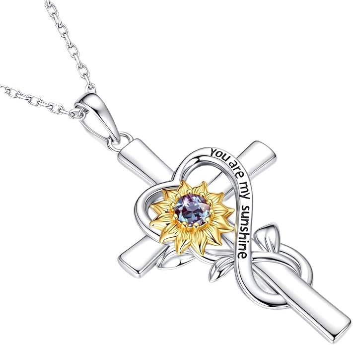 Iefil Mothers Day Gifts for Wife Mom - Sunflower Cross Necklace, 925 Sterling Silver Birthstone Necklace for Women Wife Mom