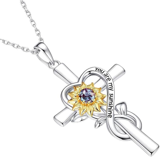 Iefil Mothers Day Gifts for Wife Mom - Sunflower Cross Necklace, 925 Sterling Silver Birthstone Necklace for Women Wife Mom
