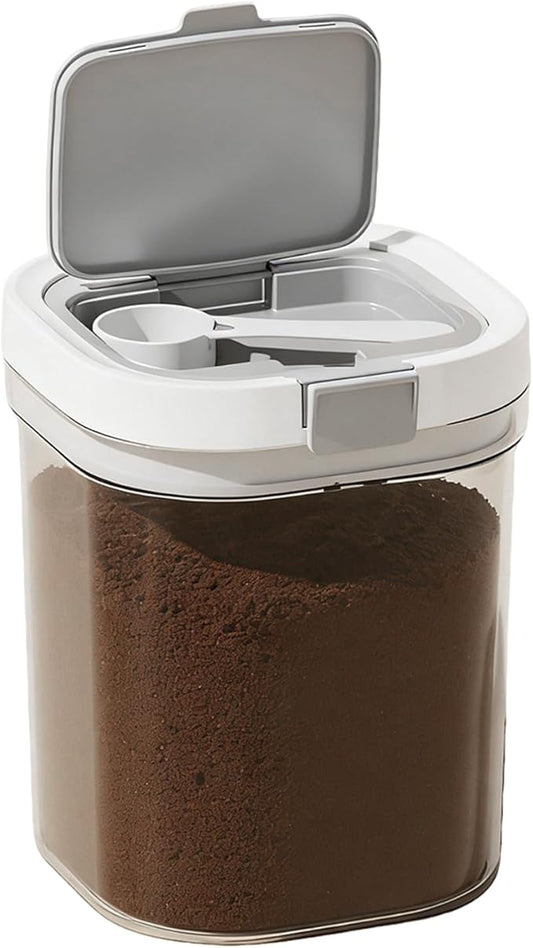 Coffee Storage Airtight Canister -43.9oz Sugar Kitchen Food Storage Jar BPA Free with Spoon and Layered Storage for Grounds Coffee, Beans, Tea, Sugar, Flour, Cereal,Formula (clear)
