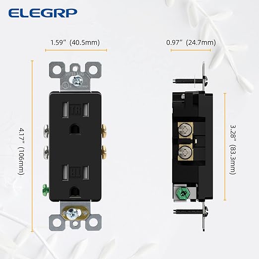 ELEGRP Decorator Wall Receptacle Outlet, Tamper Resistant 15 Amp Standard Electrical Wall Outlet, Residential Grade, Self-grounding, 125V, 2 Pole 3 Wire, 5-15R, UL Listed, Glossy Black, 100 Pack