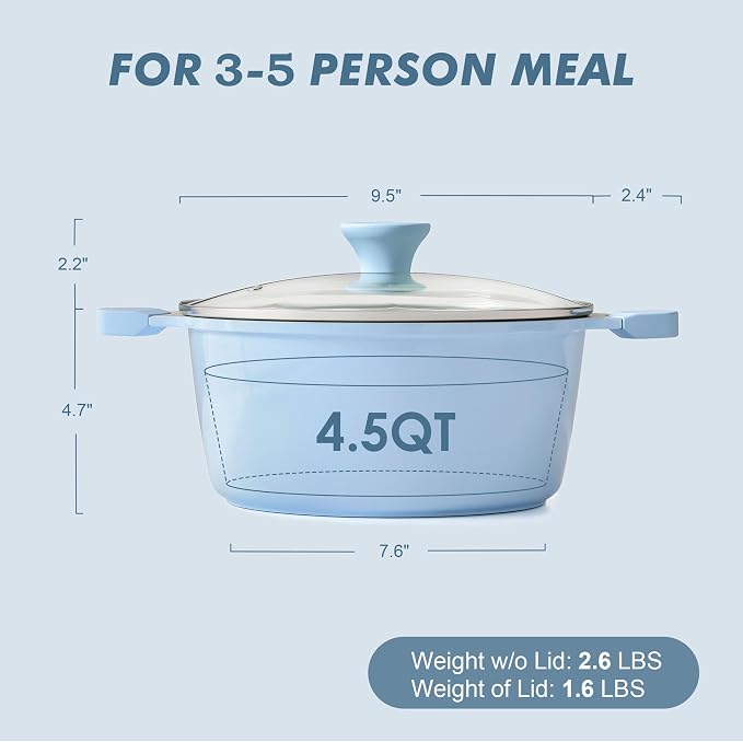 SENSARTE Ceramic Nonstick Stock Pot with Lid, Blue, 4.5QT | Healthy Nontoxic Ceramic Coating, PFAS & PTFE Free, Compatible with All Stoves Including Induction Cooktops, Dishwasher safe.