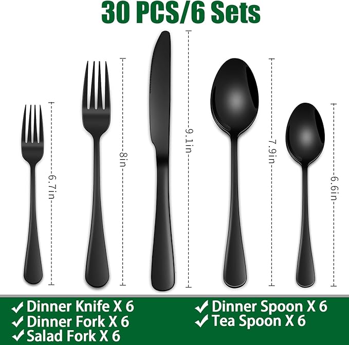 DEHOV 30 PCs Flatware Sets,Black Stainless Steel Silverware Sets Service For 6 Person,Durable Cutlery Sets For Home,Party,Restaurant,Tableware Cutlery Sets