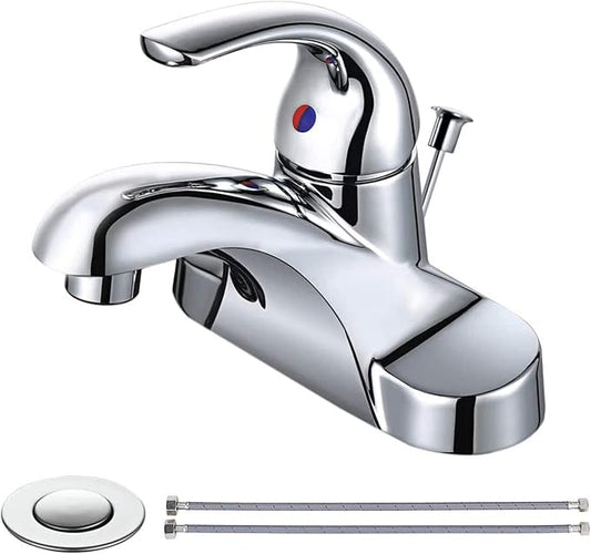 WOWOW Bathroom Faucet 1 Handle Low Arc Single Handle 4 inch Centerset Bathroom Sink Faucet with Lift Rod Drain Assembly Basin Mixer Tap Chrome Vanity Taps