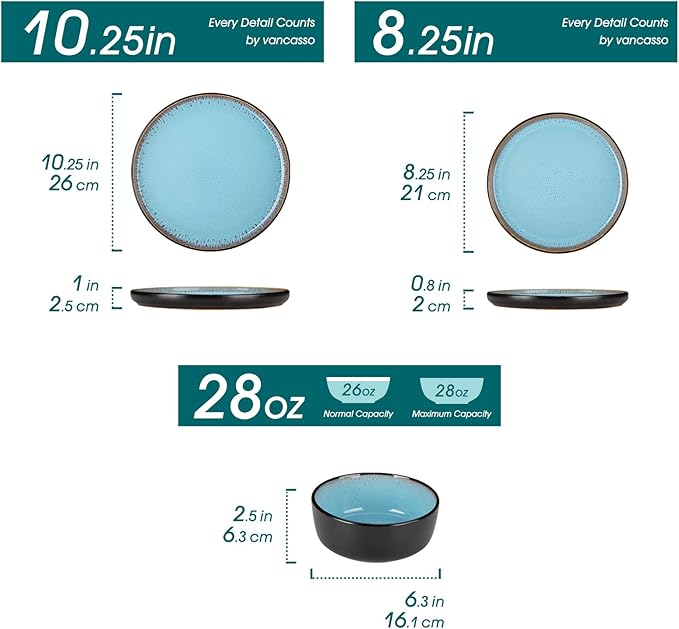 vancasso Plates and Bowls Sets, 18 Pieces Stoneware Dinnerware Sets for 6, Kitchen Dish Set Mircowave and Dishwasher Safe Ceramic Dishware, Blue, Series AMBER