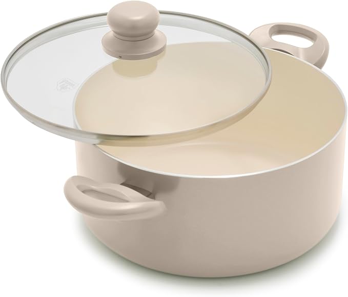 GreenLife 5QT Ceramic Nonstick Stockpot with Lid, Beige Taupe | PFAS-Free Nonstick Coating, Casserole Pot, Soup Pot, Pasta Pot, Induction Ready, All Stovetop Compatible, Dishwasher Safe