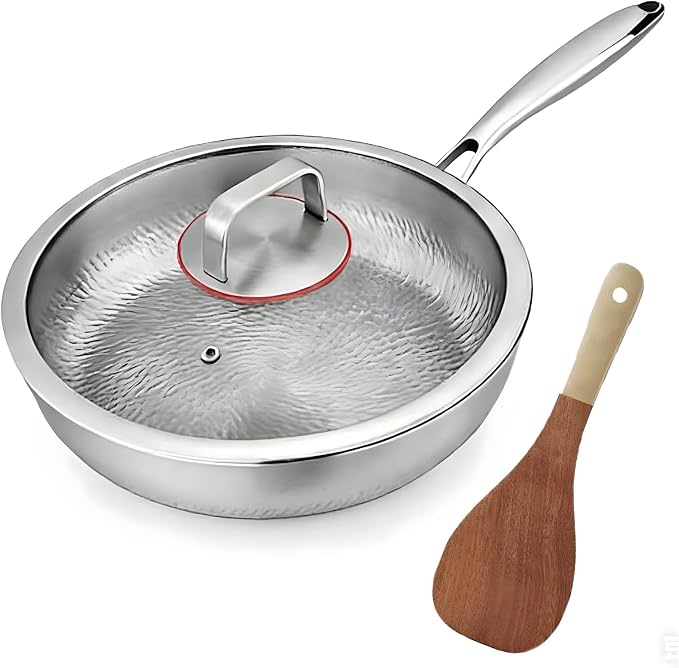 Titanium Hammered Pan with Lid, Titanium Frying Pa, No Coating Non-Stick Steak and Egg Pan Scratch-Resistant Titaniums Cookware for Cooking Compatible with All Cooktops,11.8 2.5 in